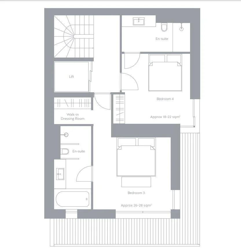 Floor plan of a house's upper level with two bedrooms, two en-suite bathrooms, a walk-in dressing room, a lift, and a staircase.