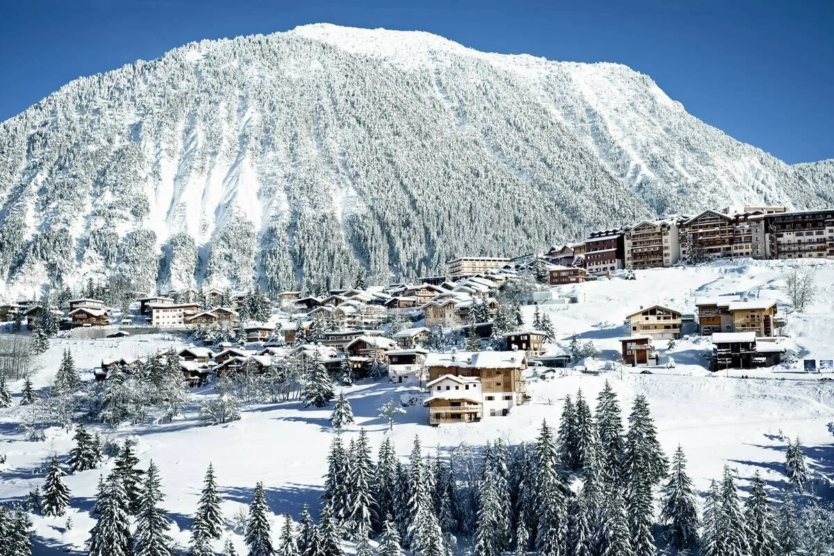 Snow-covered Courchevel 1650 alpine village with wooden chalets on a hillside, tall snow-topped trees in the foreground, and a large snow-covered mountain in the background under a clear blue sky.
