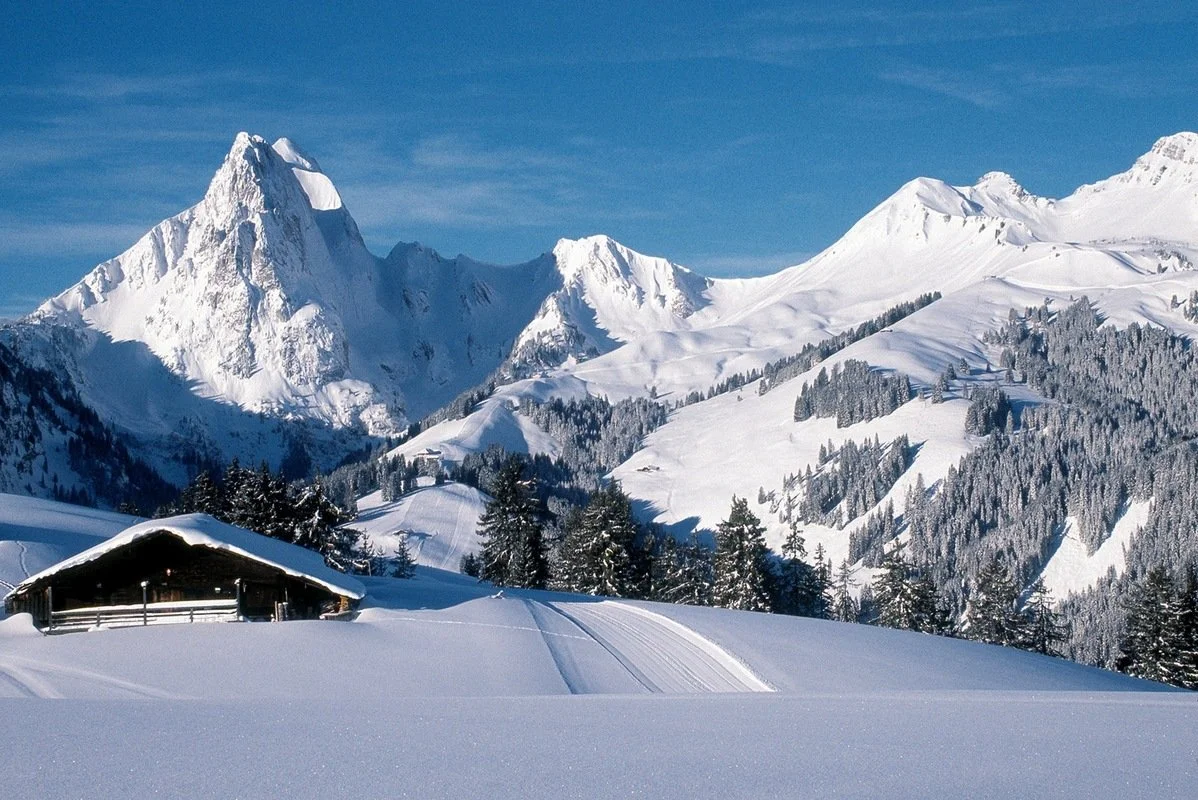 Snow-covered Gstaad mountains and trees with a wooden cabin in the foreground under a blue sky.