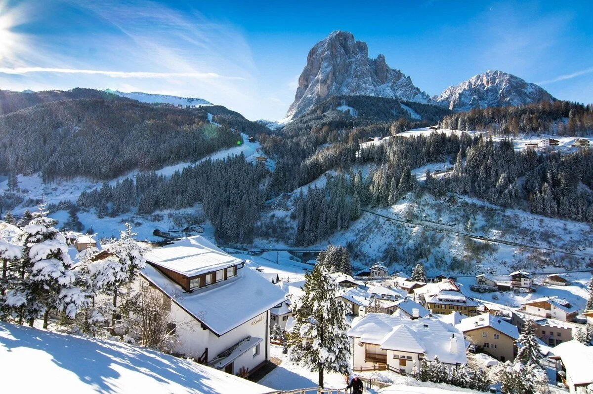 Snow-covered village with houses, trees, and a mountain in the background under a clear blue sky.