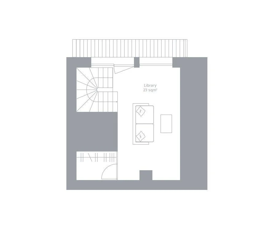 Floor plan of a room labeled 'Library', 23 square meters, containing a sofa, two pillows, a coffee table, and a door leading outside, with a staircase at the top left corner.