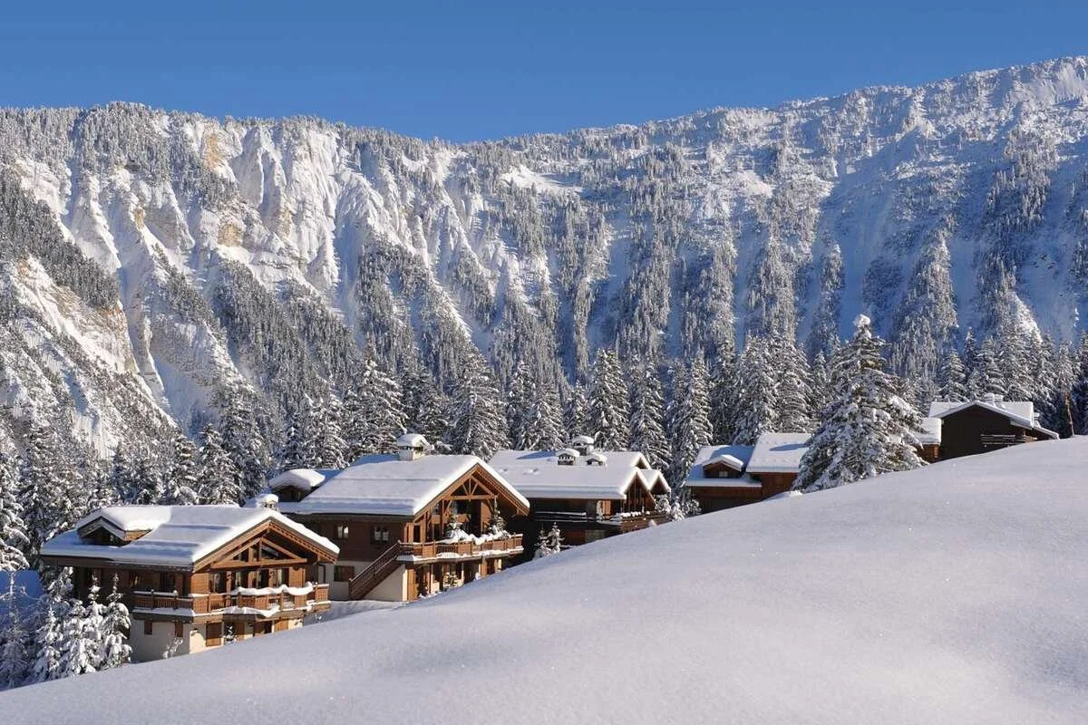 Snow-covered Courchevel 1650 mountain landscape with wooden houses and dense evergreen trees