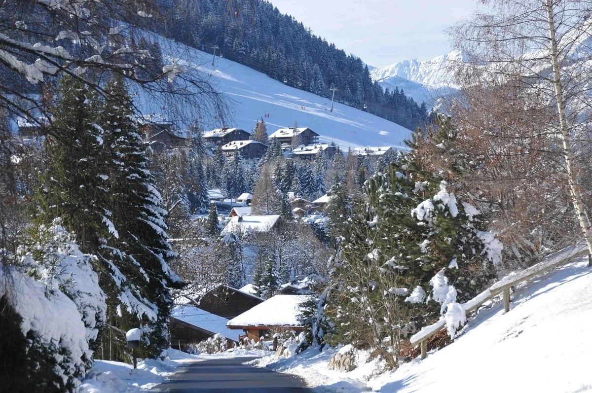 Snow-covered Megeve village with houses and trees, mountainous landscape in the background, during winter daytime.