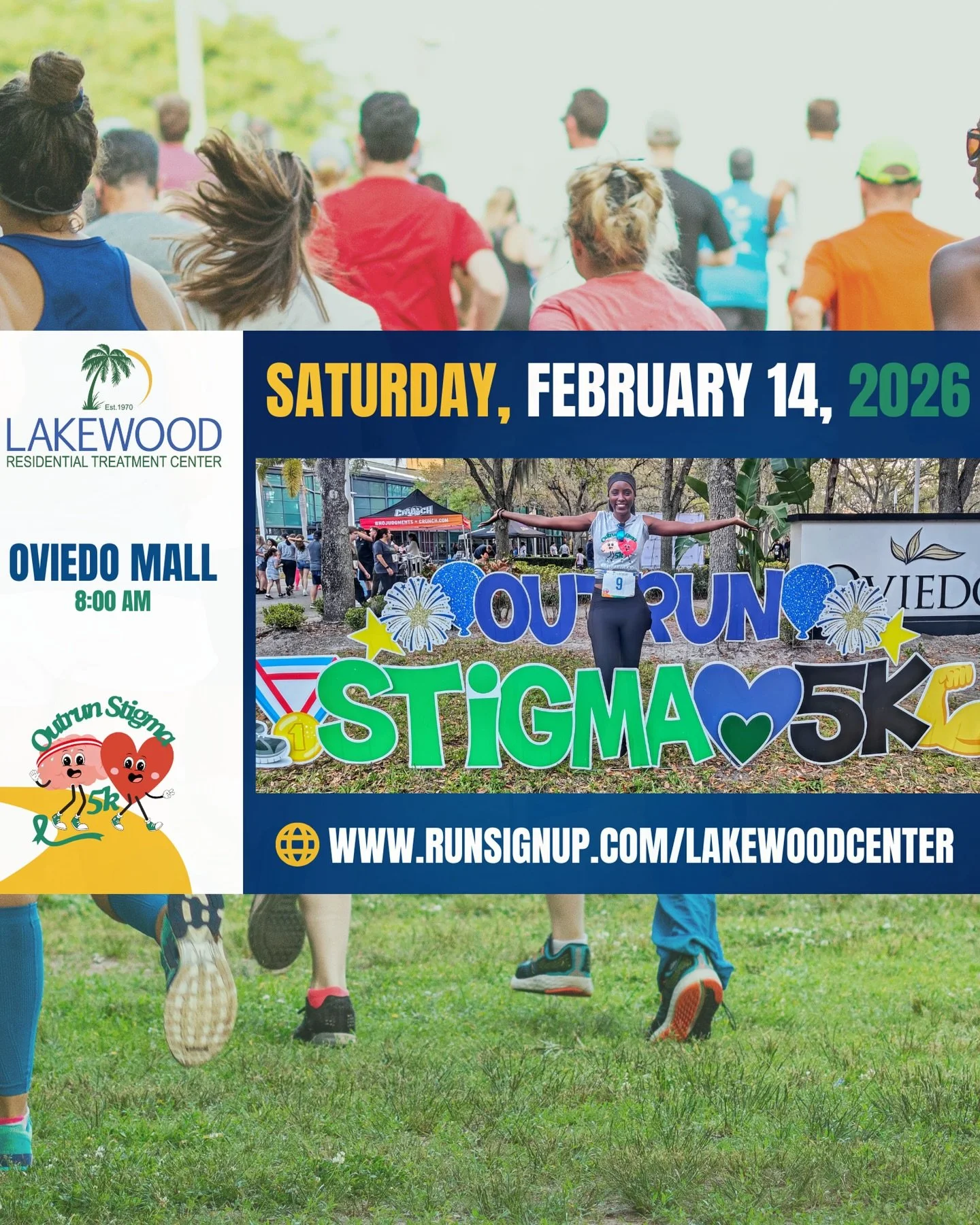 🏃&zwj;♀️💙 Outrun Stigma 5K
Lakewood Center&rsquo;s 2nd Annual mental health run takes place Saturday, February 14, 2026 at Oviedo Mall.

Run to support mental health awareness and access to community resources.
🕗 8:00 AM start
🎟️ $25 before the N