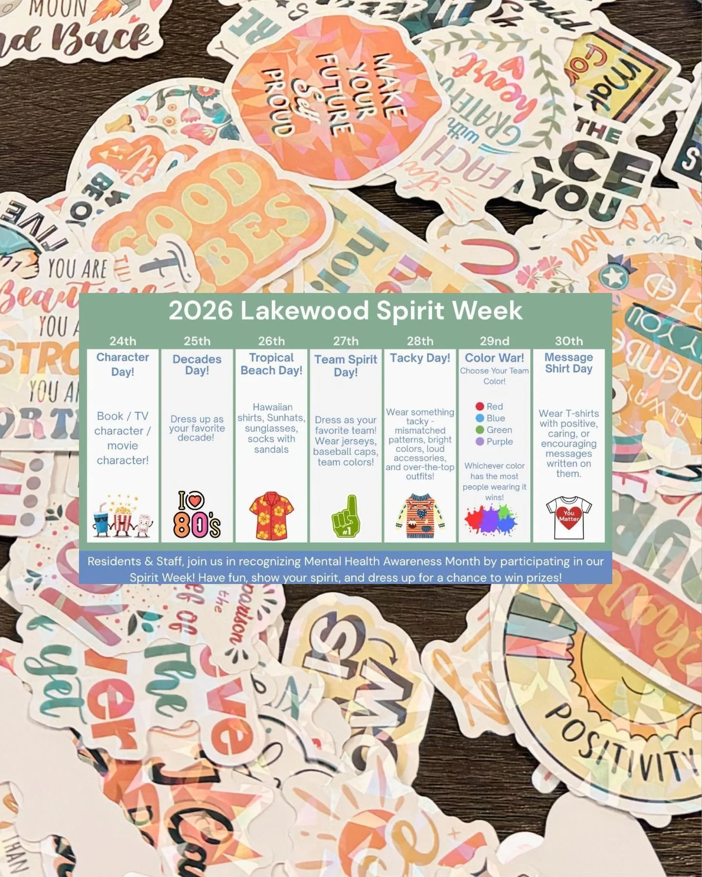 This week, we showed up for Mental Health Awareness Month the best way we know how: together.

We provided staff with wellness activities and mental health tips and tricks, and encouraged our residents to get involved too. Spirit Week brought it all 