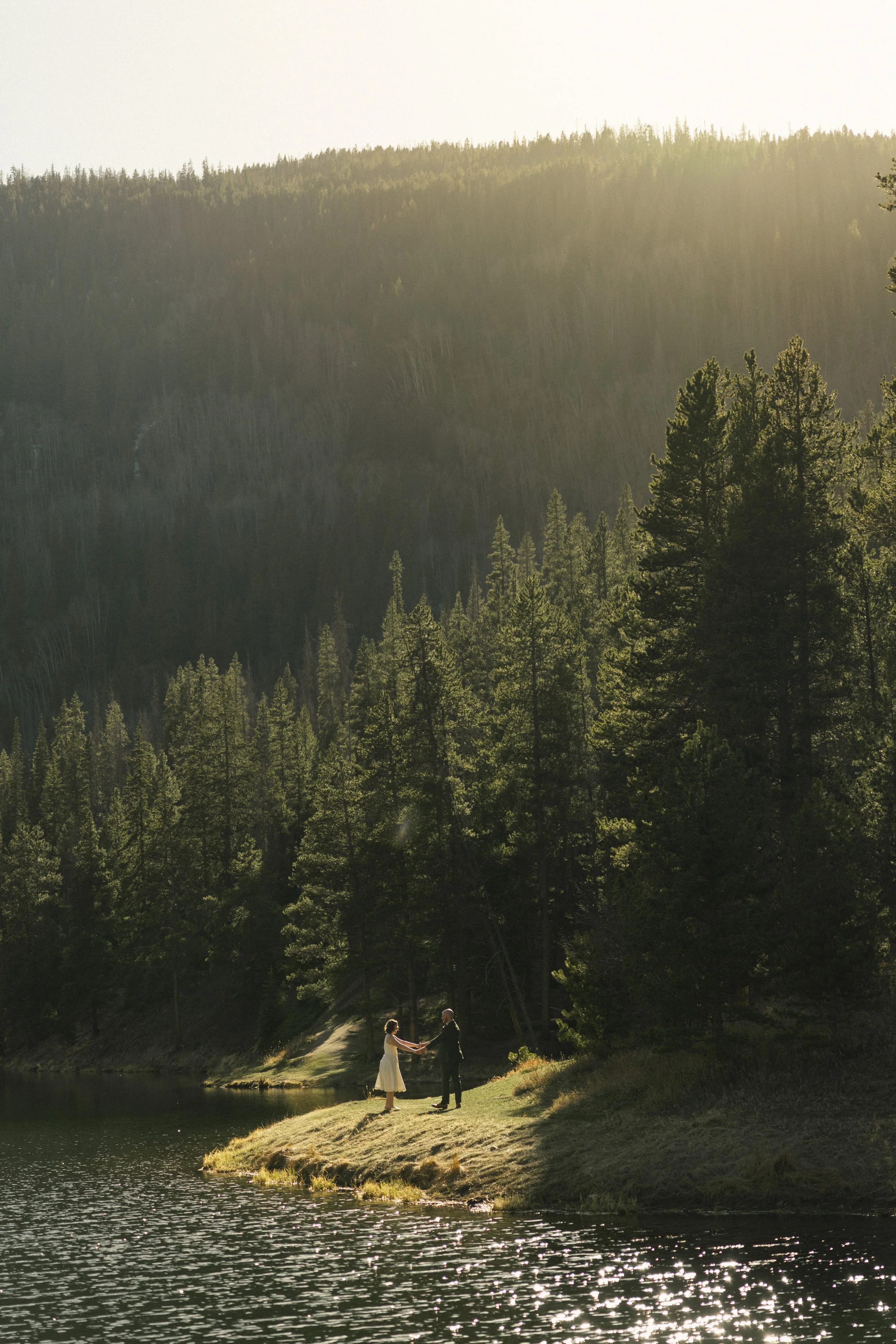 A couple getting married by a lake in a forested area, holding hands and facing each other, with sunlight filtering through trees in the background.