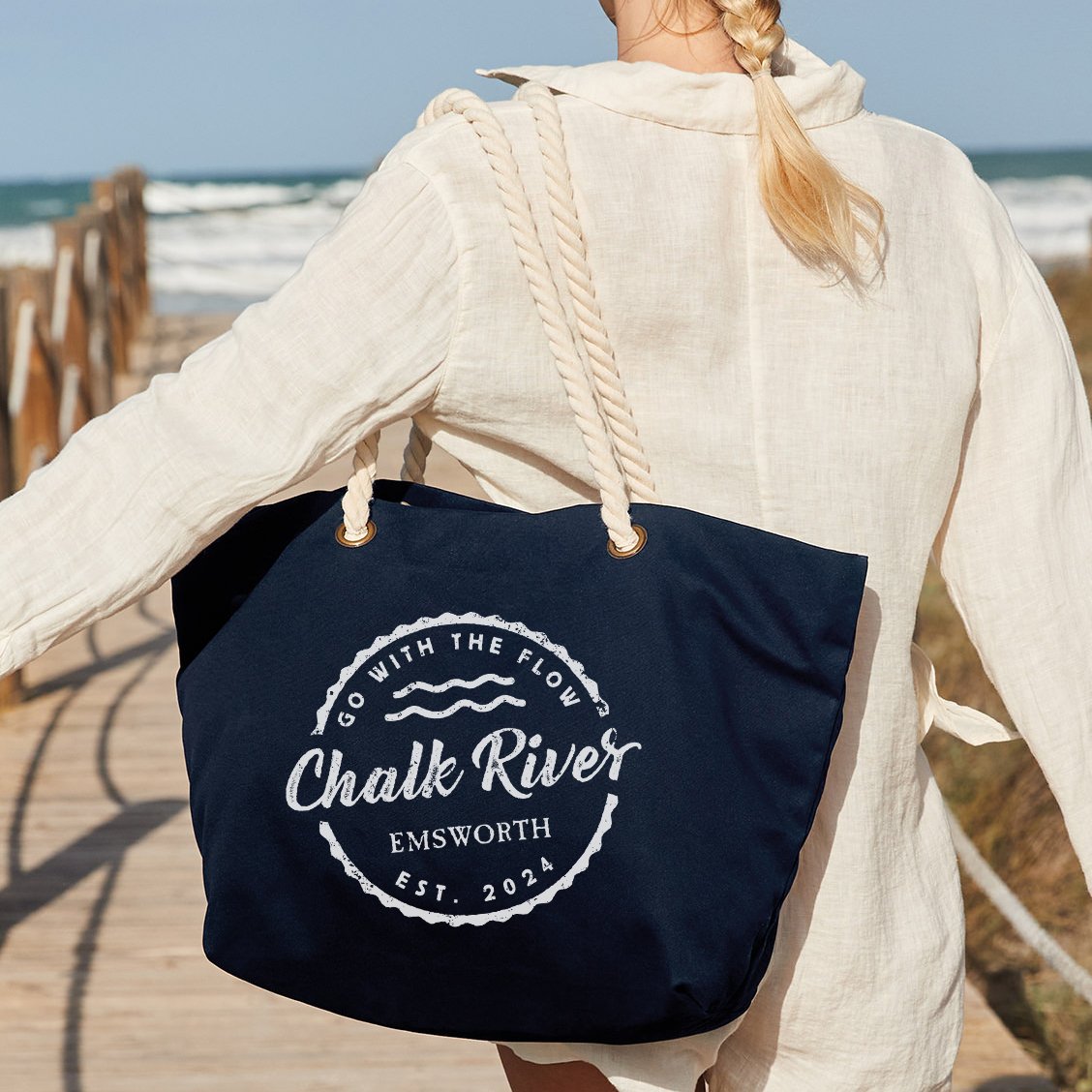 Chalk River Nautical Navy Bag Model Beach.jpg
