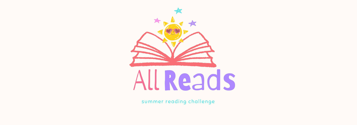 All Reads Summer Reading Challenge logo shows an open book with a smiling sun above it.