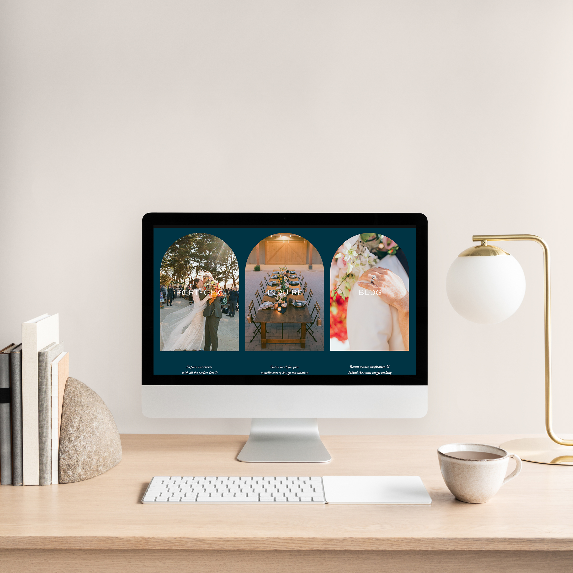 imac with a beautiful wedding event designer website on the screen