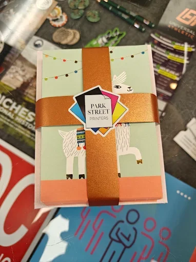 A wrapped gift box with a wrapping paper featuring a zebra wearing a colorful scarf, surrounded by string lights, and labeled 'Park Street Printers'.