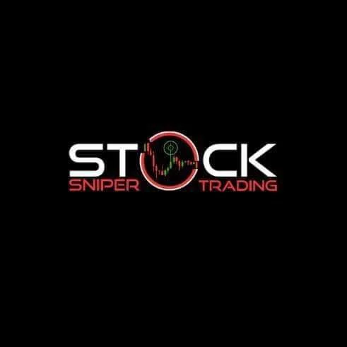 Logo for Stock Sniper Trading with a black background, white and red text, and a stylized target symbol with a stock chart inside.