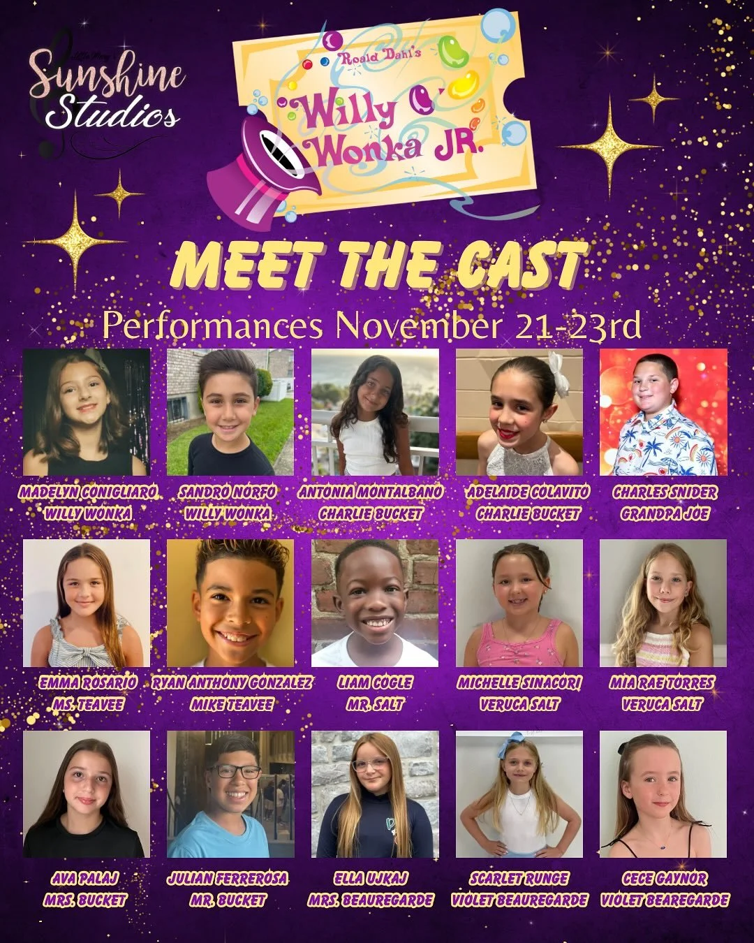 We&rsquo;ve got the golden ticket!!🍫

I am thrilled to announce our amazing, sweet, and incredibly talented cast of Willy Wonka Jr! In only their 1st month of rehearsal, these young professionals have dedicated themselves to learning a ton of materi