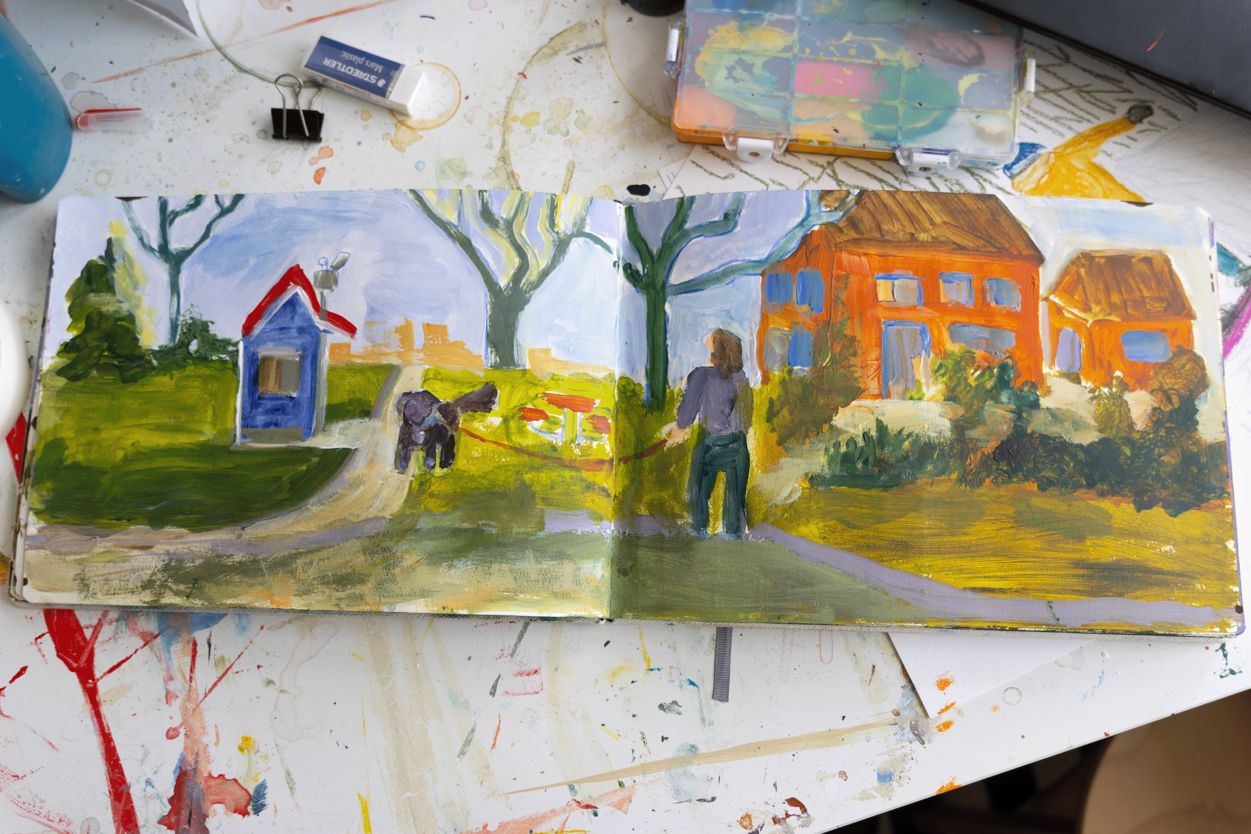 Out at the park. This soccer field park used to host a very busy horse show. Alas, it's now reserved for playing fetch with your dog, and soccer games in Collingwood - Etchr Sketchbook and dried gouache.