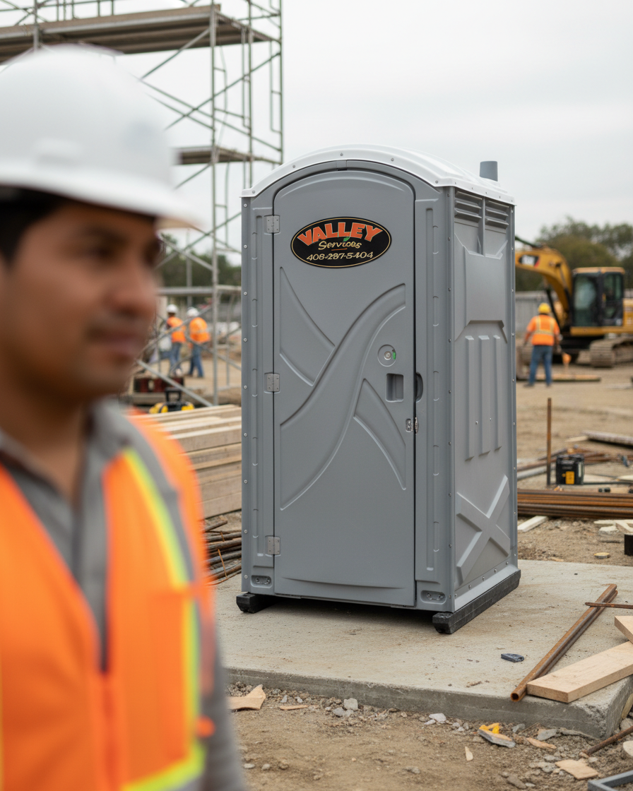 A portable restroom on a construction site with construction workers and equipment in the background.