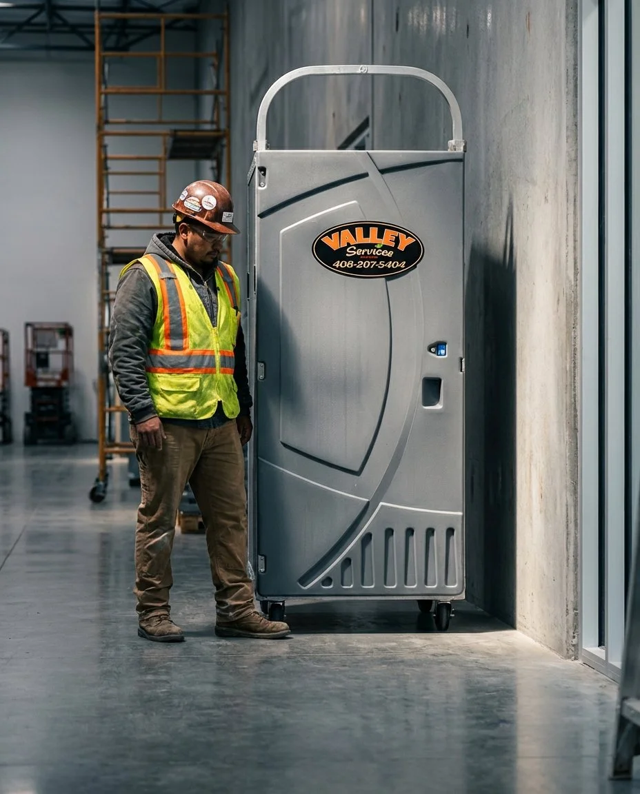 A construction worker with a hard hat and safety vest standing beside a portable toilet labeled 'Valley Service' inside a building under construction.