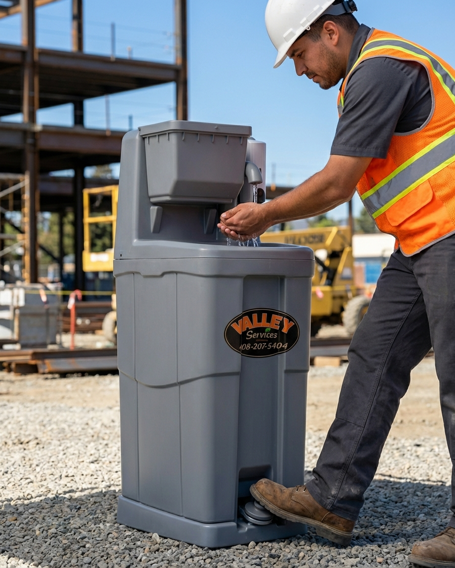 A construction worker wearing a white hard hat and orange safety vest drinking water from a portable water fountain at a construction site.