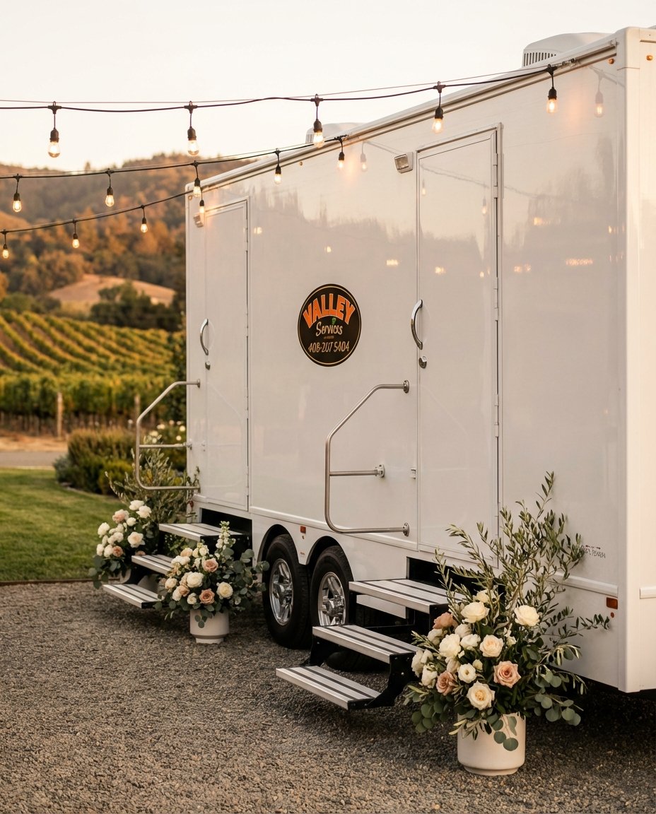 A white food truck with string lights overhead, two steps with floral arrangements at the entrance, and a sign that reads 'Valley Services' with a phone number, set outdoors in a scenic area with vineyards and hills in the background.