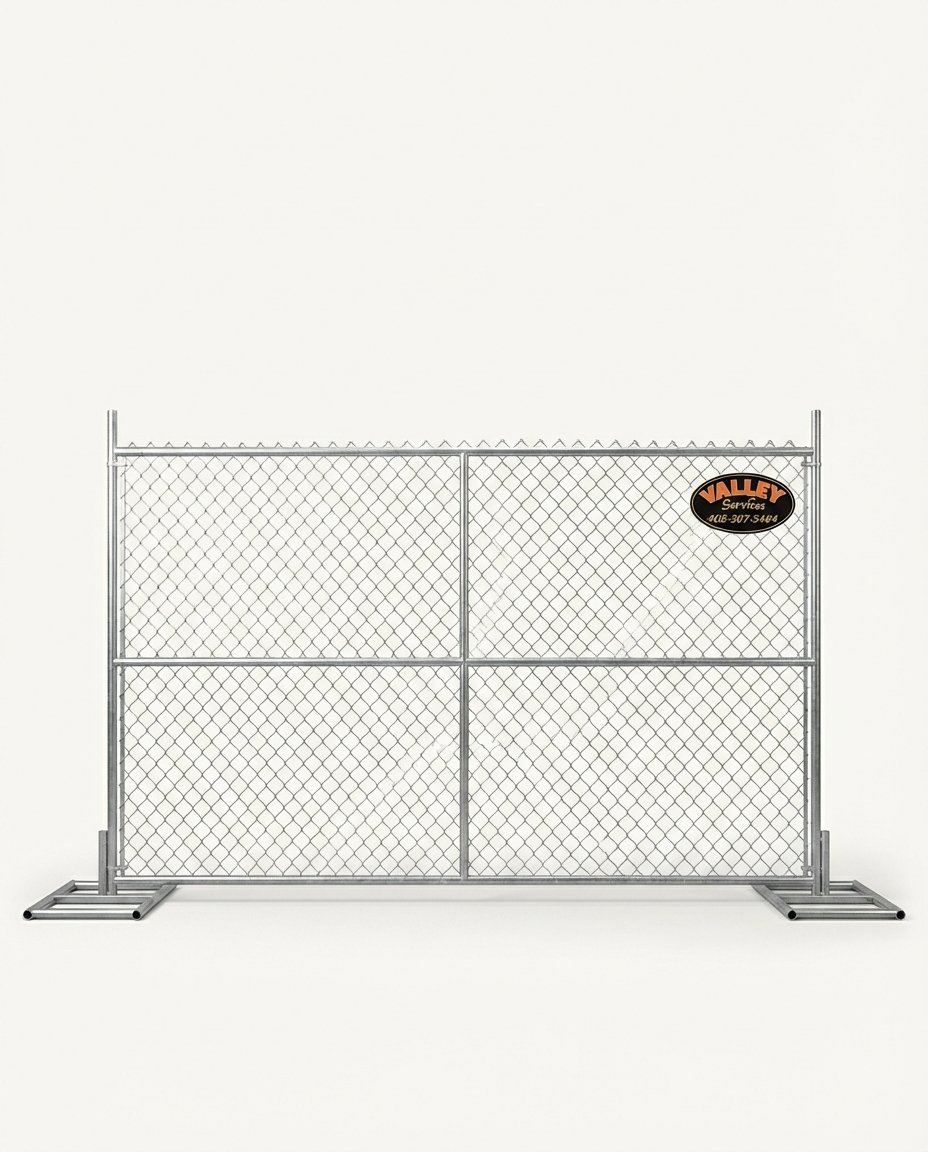 Metal chain-link fence panel with a Quality logo, supported by metal stands.