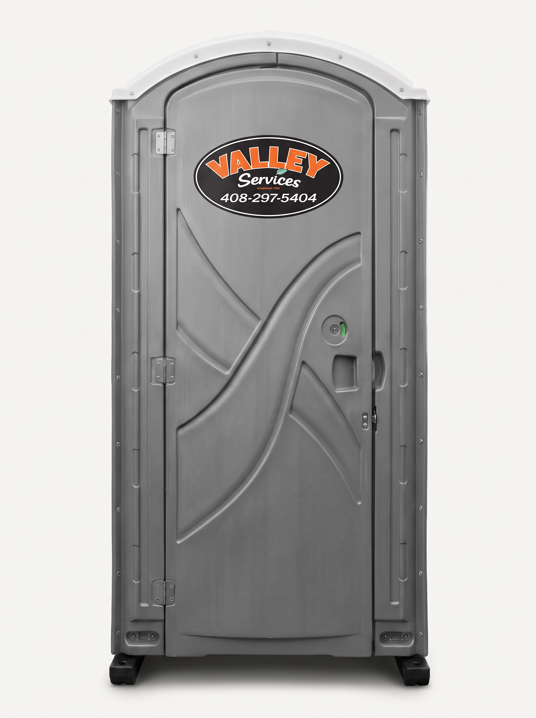 Gray portable toilet with company logo and phone number on door