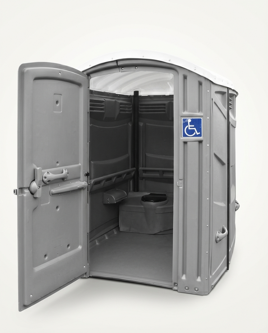 An accessible portable toilet with a gray exterior, open door, and wheelchair-accessible sign on the side.