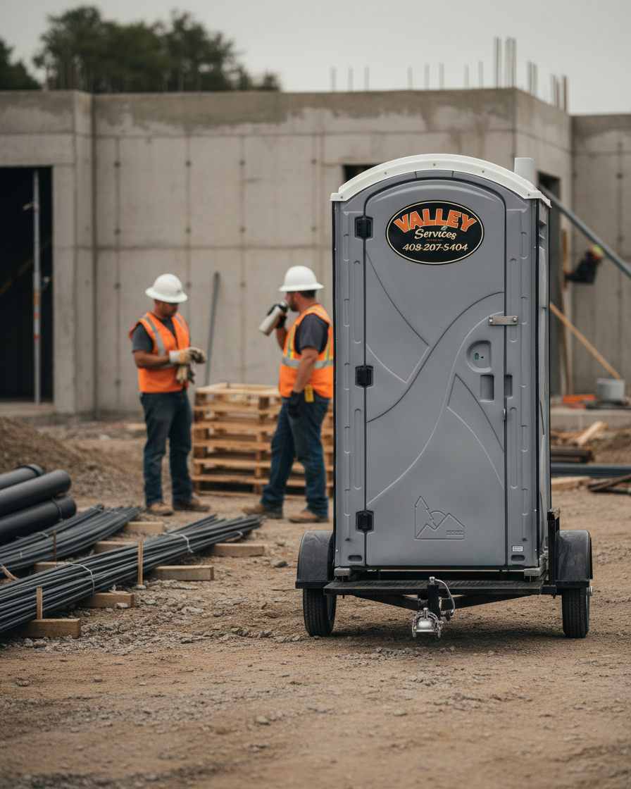 Construction site with two workers in safety vests and hard hats, and a portable toilet labeled 'Valley Services' in the foreground.