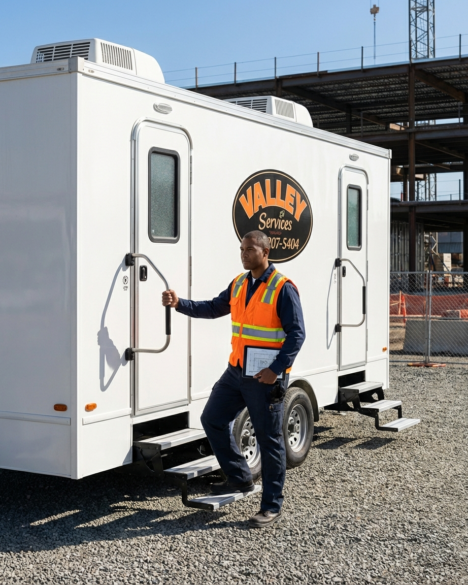 A man wearing a bright orange safety vest and blue work clothes standing outside a white portable office trailer with the logo 'Valley Services' and a phone number. The trailer has small steps leading up to the door, and the man holds a clipboard in one hand and the handrail with the other.