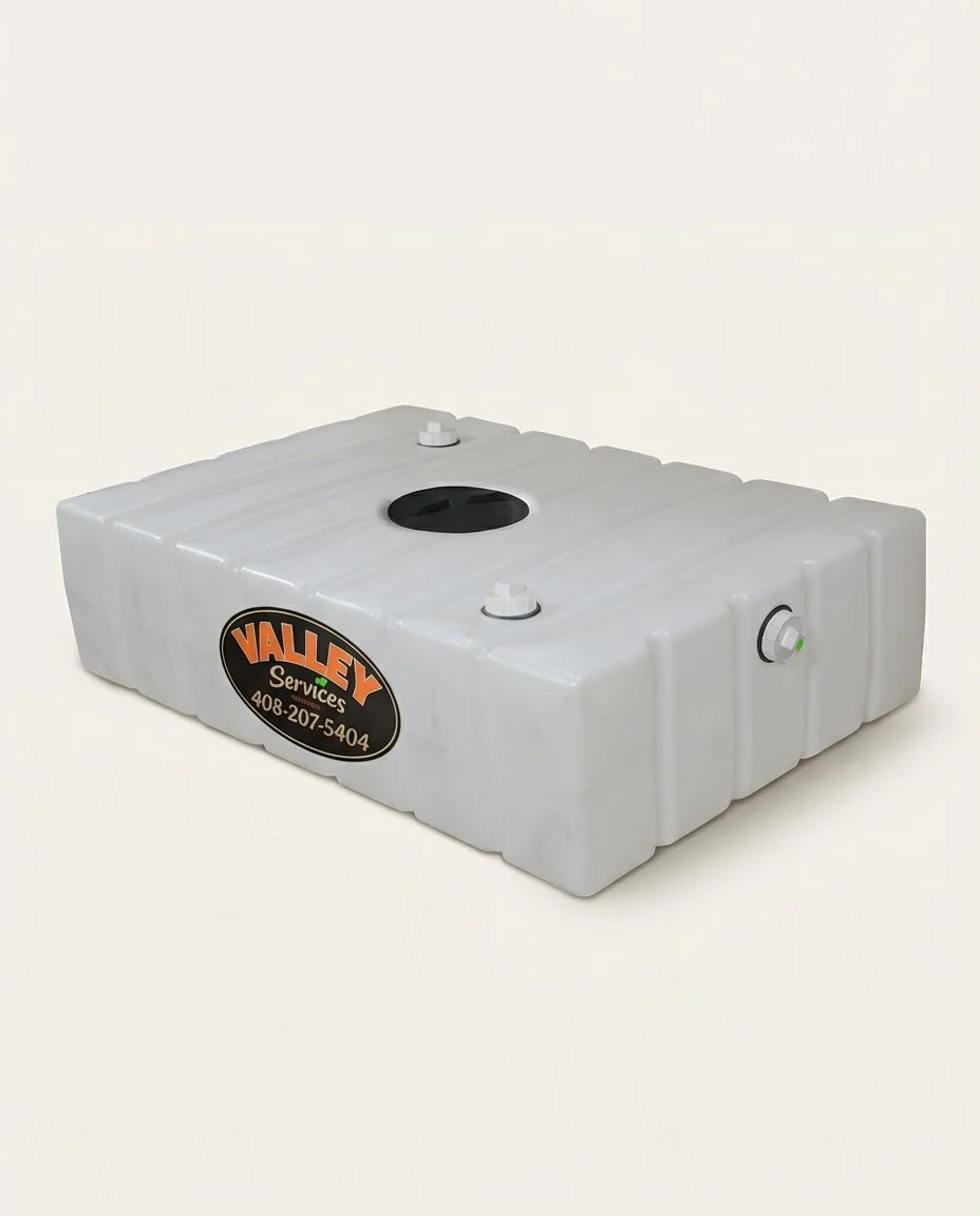 white rectangular water storage tank with fittings and a lid