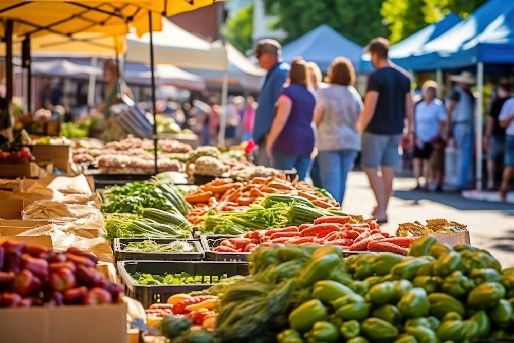 Farmers market with fresh vegetables on display and people browsing