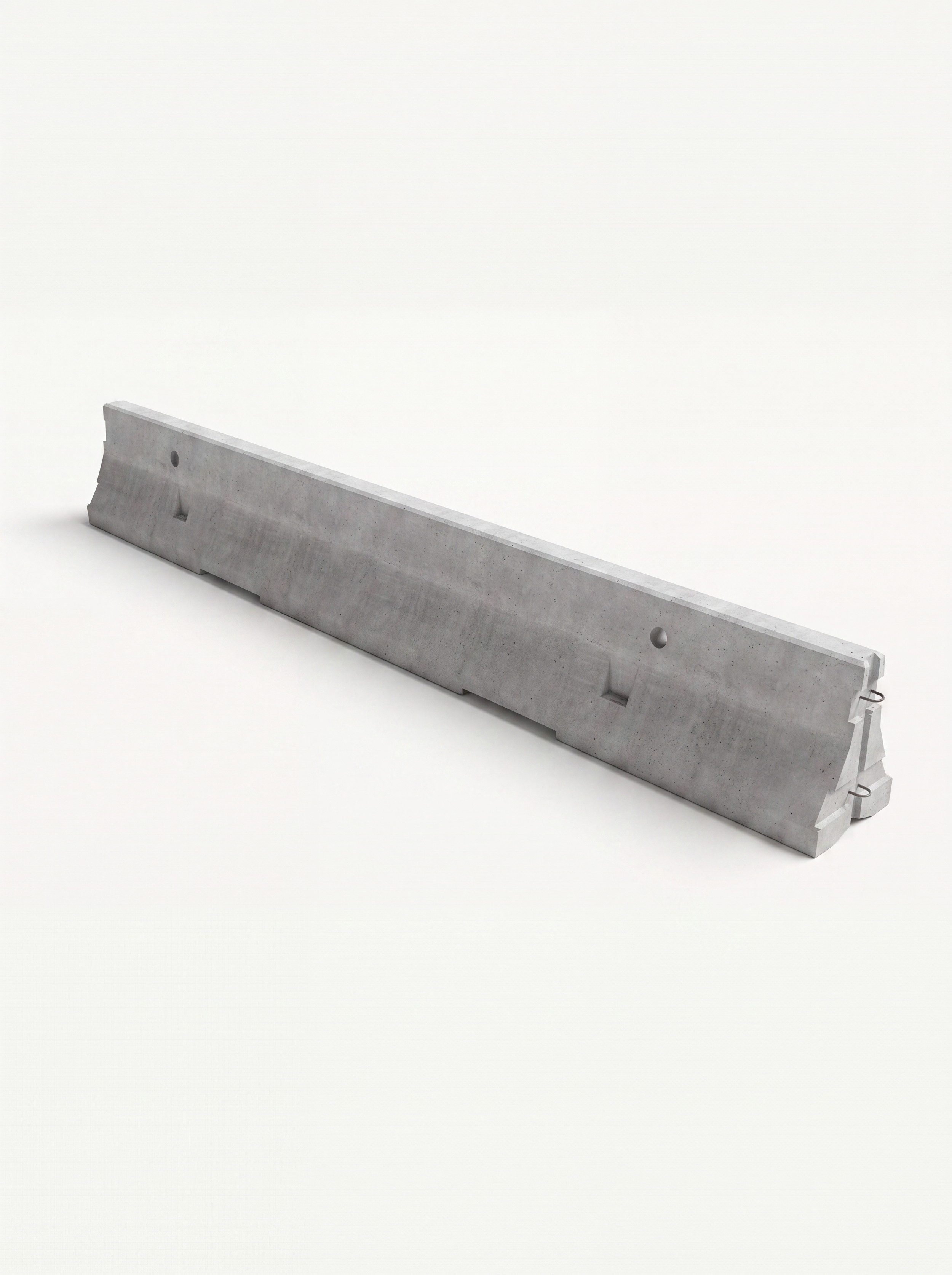 A long, rectangular, gray concrete barrier with holes and a metal hook attached, placed on a plain white background.
