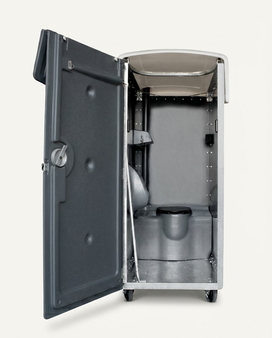 Interior of a gray metal phone booth with a built-in toilet and a small sink, designed for urination or other hygiene needs in a privacy enclosure.