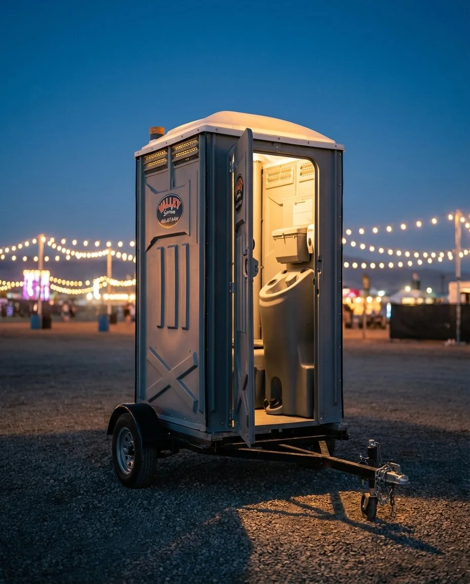 Portable toilet with its door open, revealing a washing machine inside, set against a background of string lights at dusk.