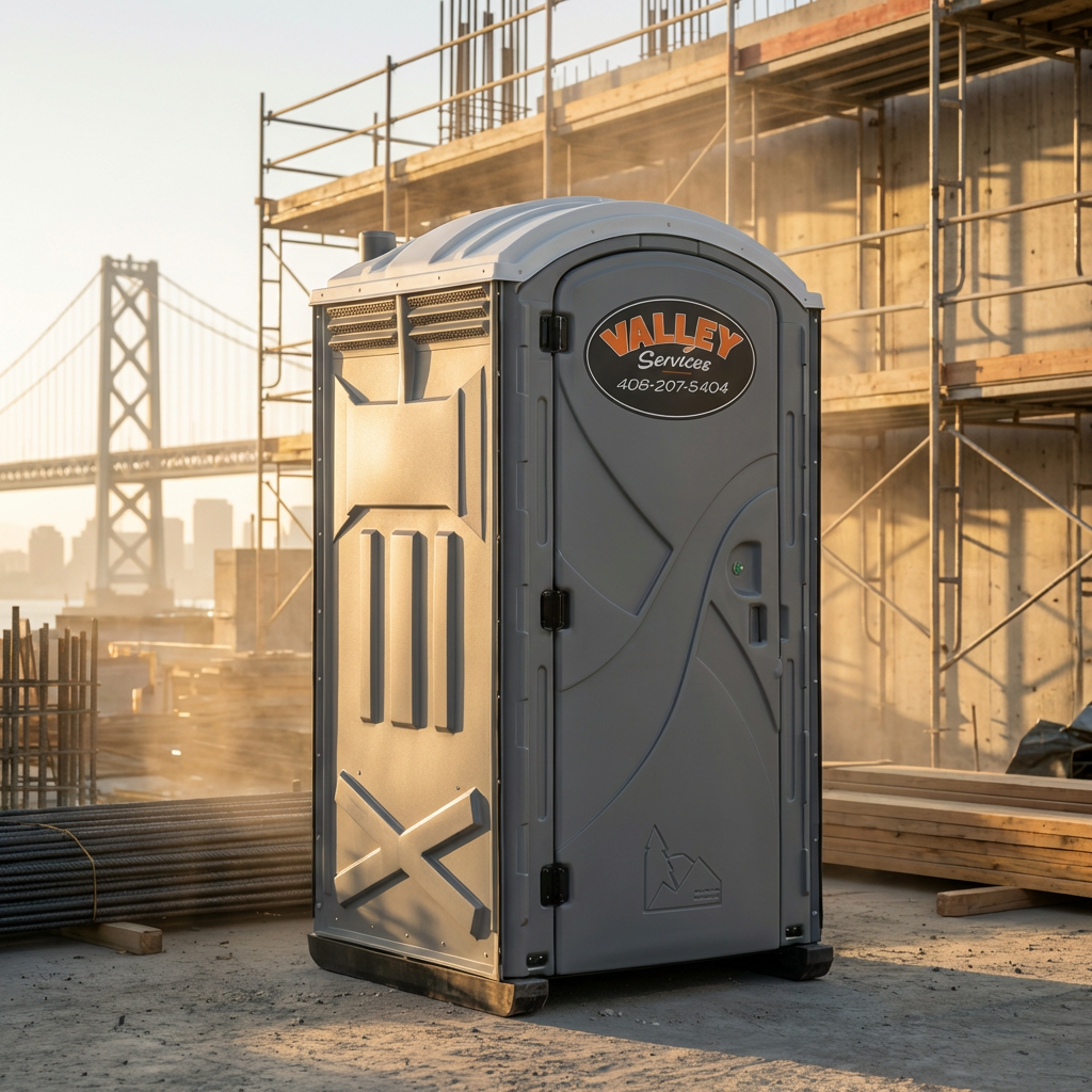 Portable toilet on a construction site with scaffolding and a bridge in the background.