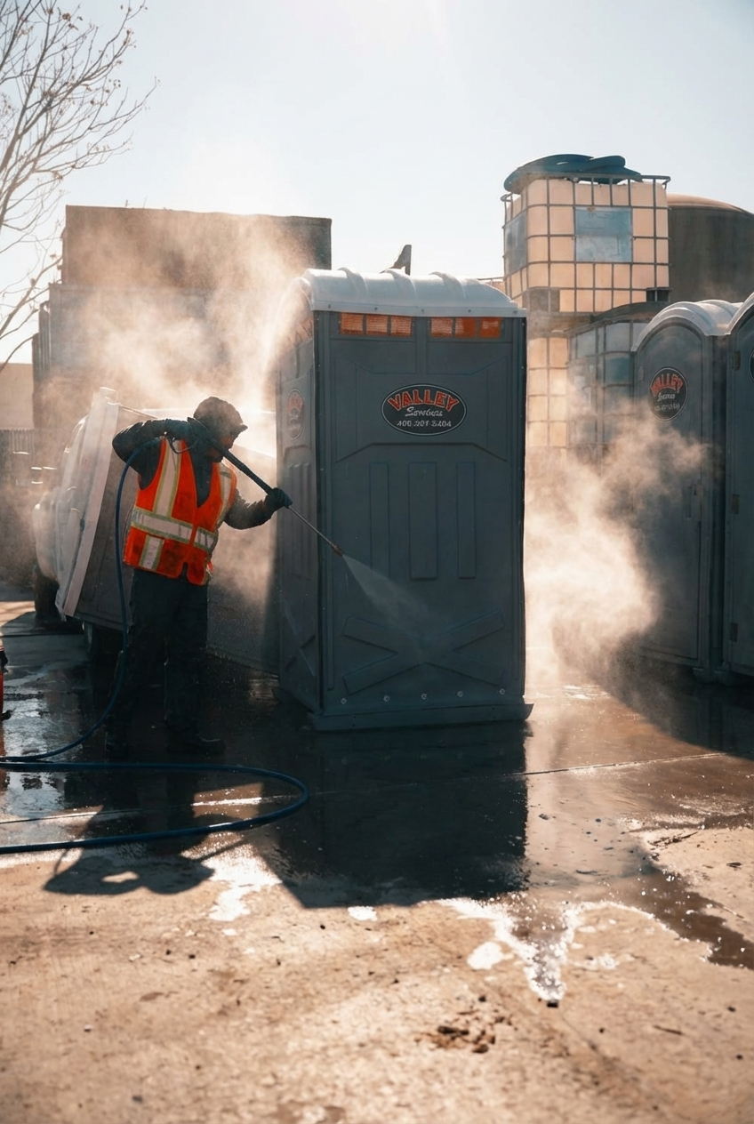 A worker wearing an orange safety vest cleaning a portable toilet with a high-pressure water hose, with steam or mist coming off the toilet, in an outdoor setting on a sunny day.