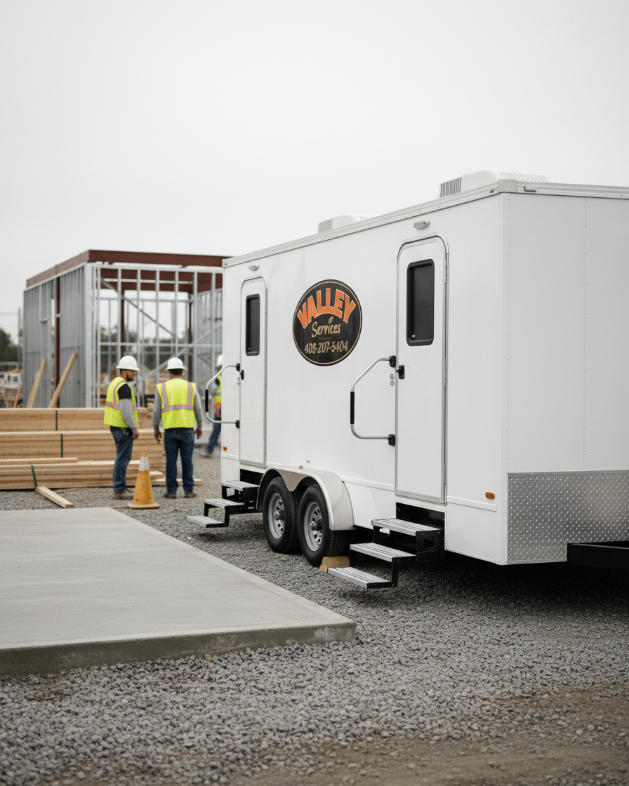 Construction workers wearing safety vests and hard hats at a building site, with a white Valley Services trailer and a partially built wooden structure in the background.