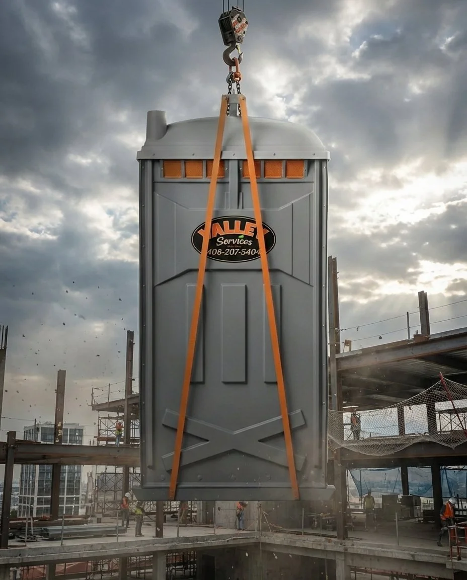Construction site with a large portable toilet being lifted by a crane under cloudy sky. Workers are visible in the background.