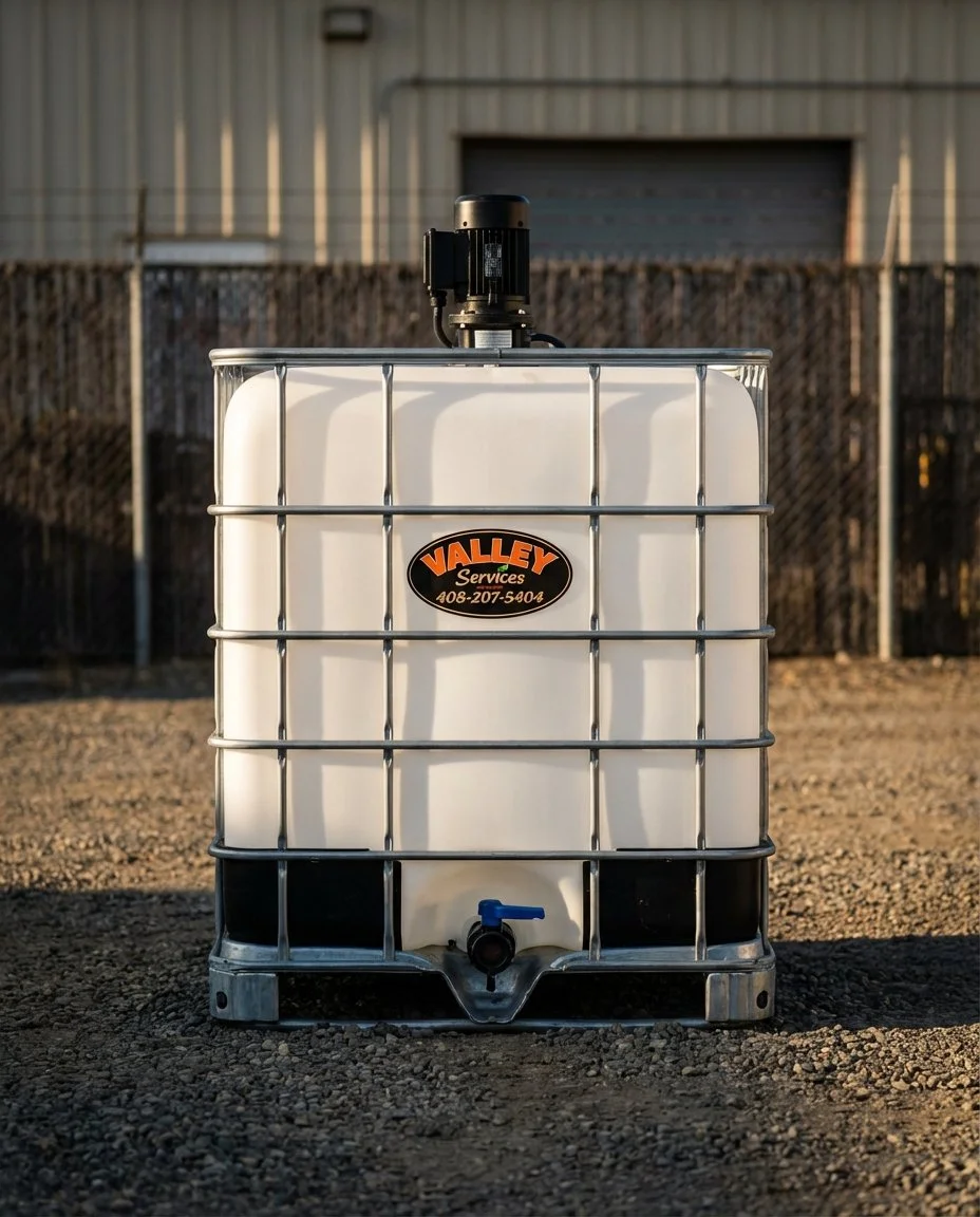 An industrial intermediate bulk container (IBT), also known as a tote, with a black motor on top, a blue spigot at the bottom, and a Valley Services logo on the front, situated outdoors on a gravel surface.