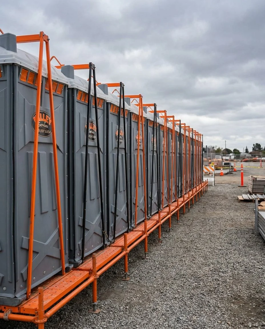 Row of portable toilets on a construction site with cloudy sky overhead.