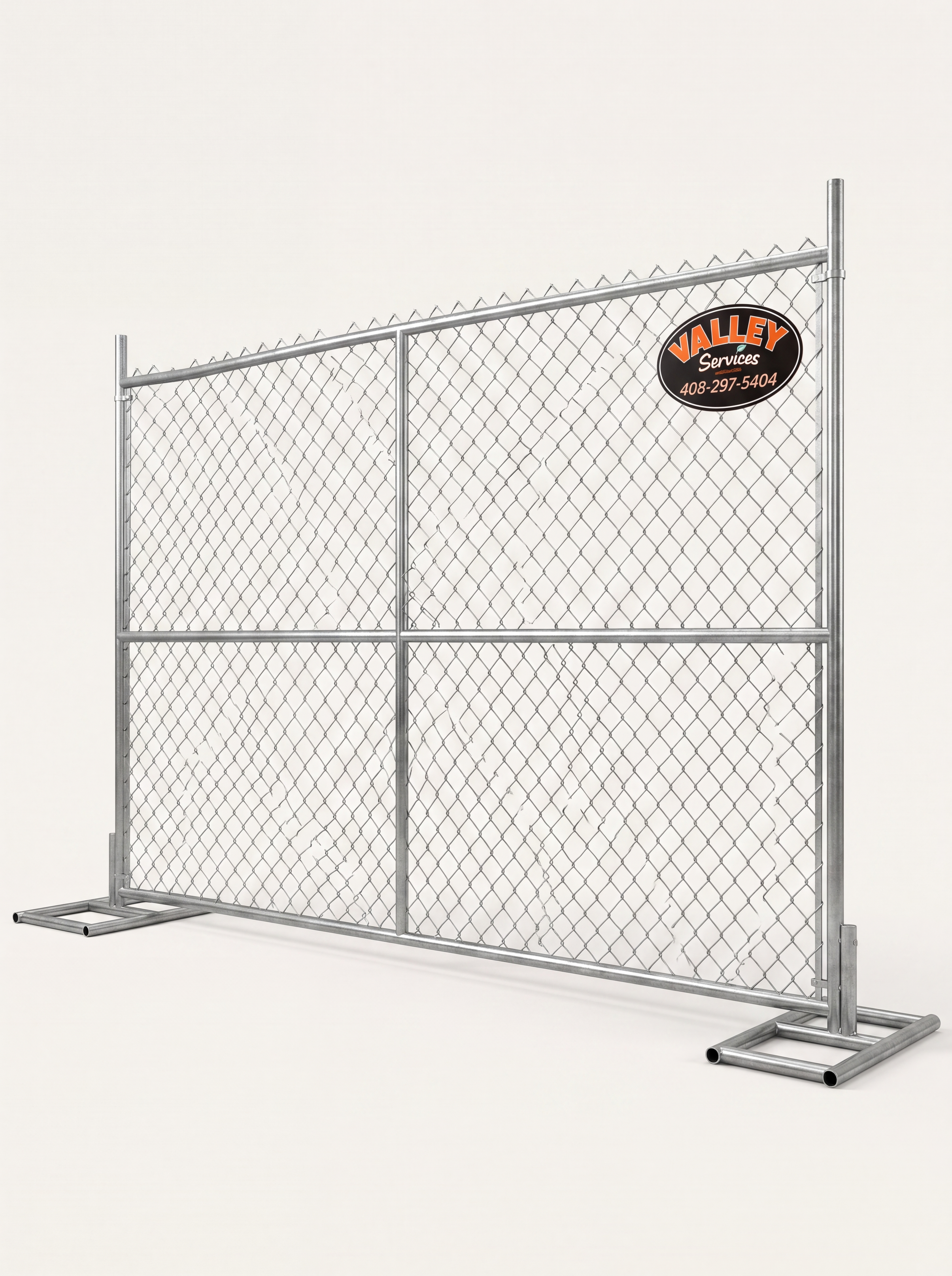 Metal chain-link fence panel with a Quality logo, supported by metal stands.