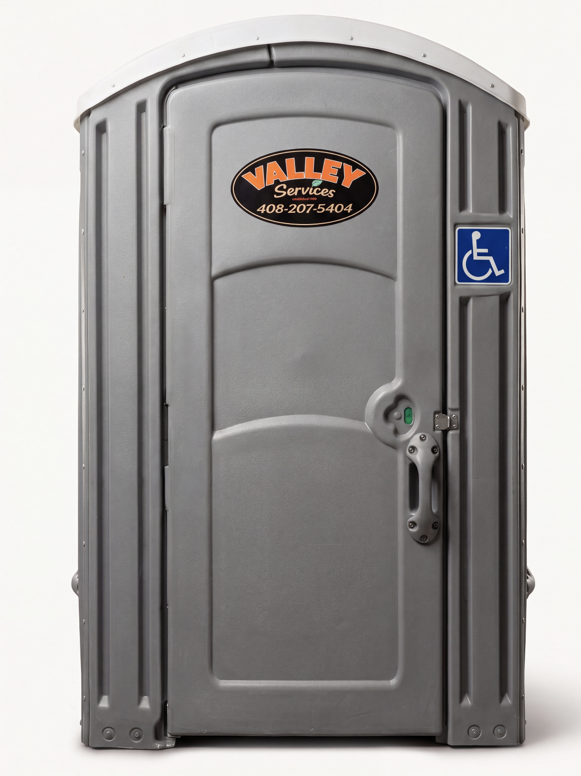 Gray portable toilet with accessibility symbol and Valley Services logo.