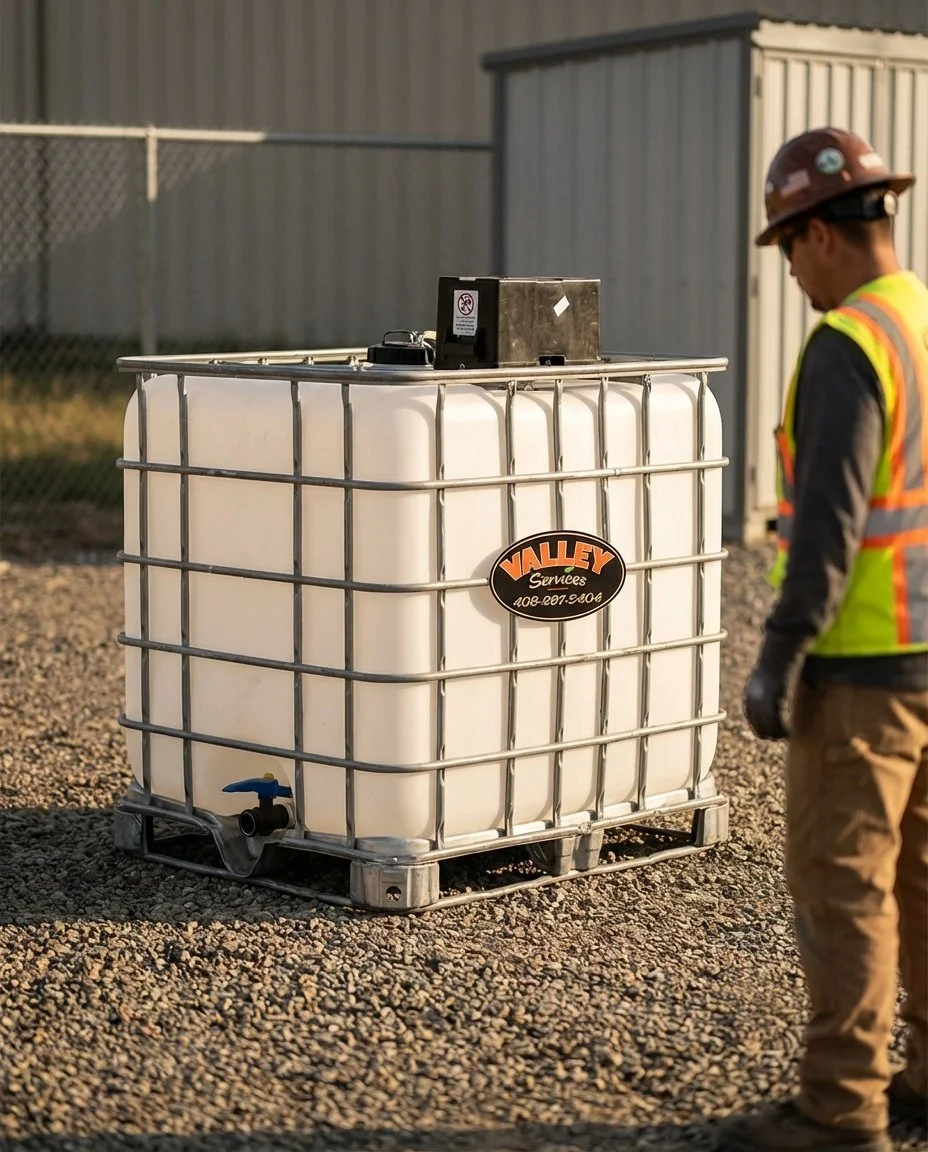 A worker wearing a safety helmet and high-visibility vest standing outdoors beside a large white industrial water tank on a gravel surface.