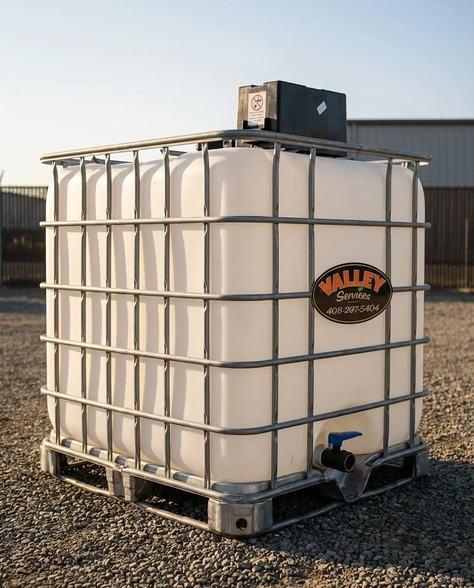 A large white plastic container inside a metal cage with a spout at the bottom, sitting on gravel ground outdoors, with a building and fencing in the background.
