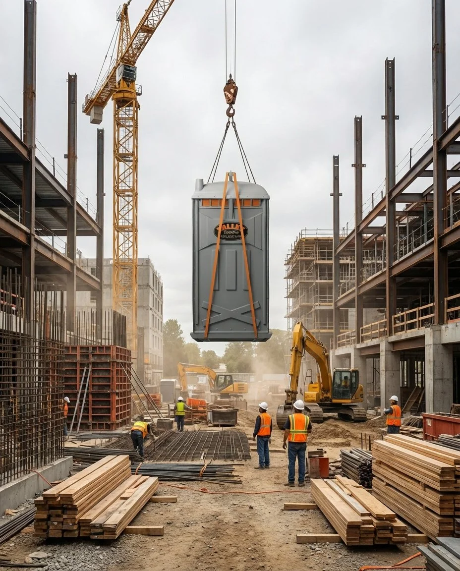 Construction site with workers in safety vests and helmets, a large yellow crane lifting a portable toilet, and new building structures in progress with scaffolding and machinery.