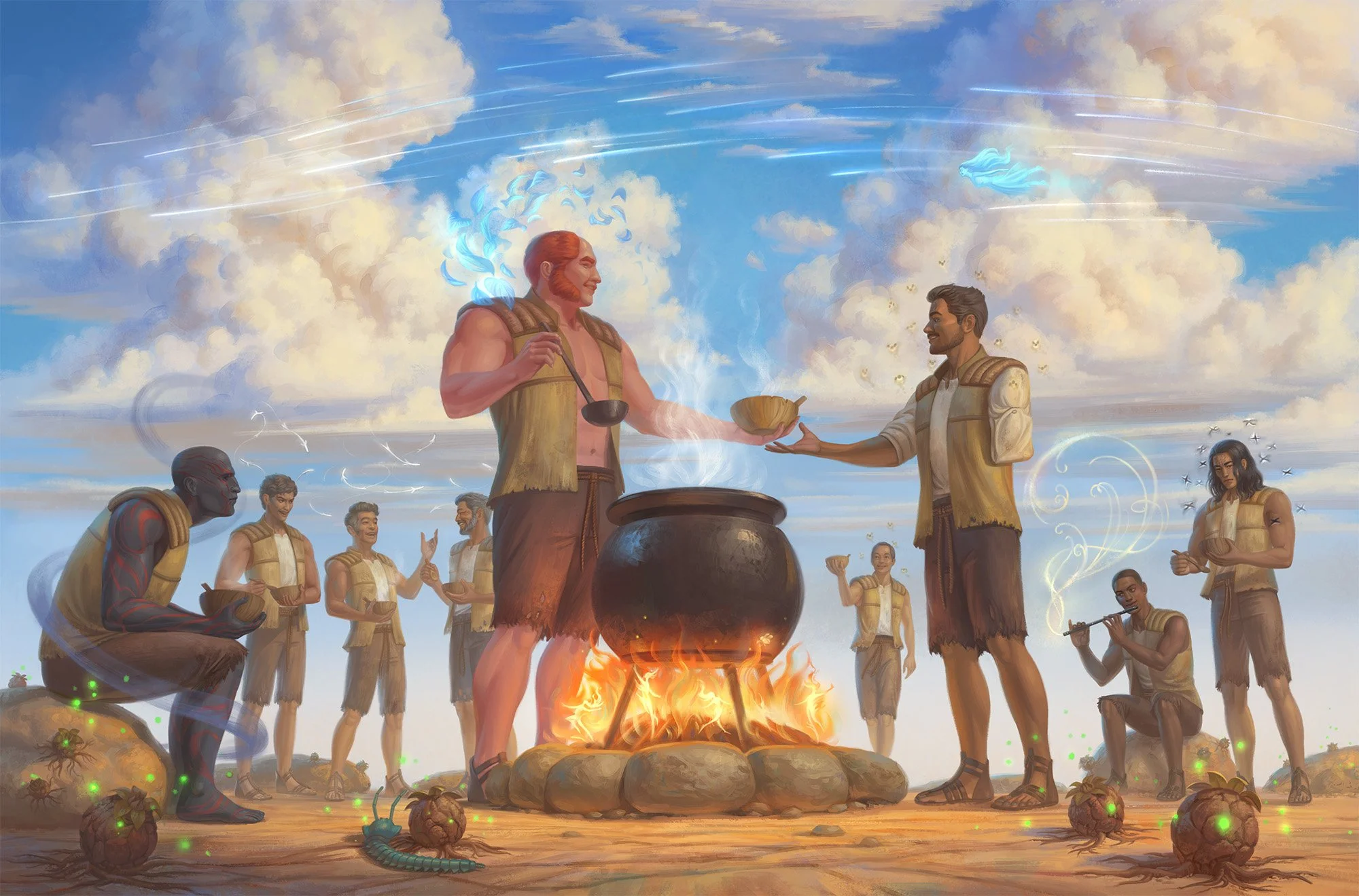 A diverse group of humans gather around a steaming cauldron sitting over a campfire. A man is holding out a full bowl of soup to another man, missing an arm, standing across the fire from him.