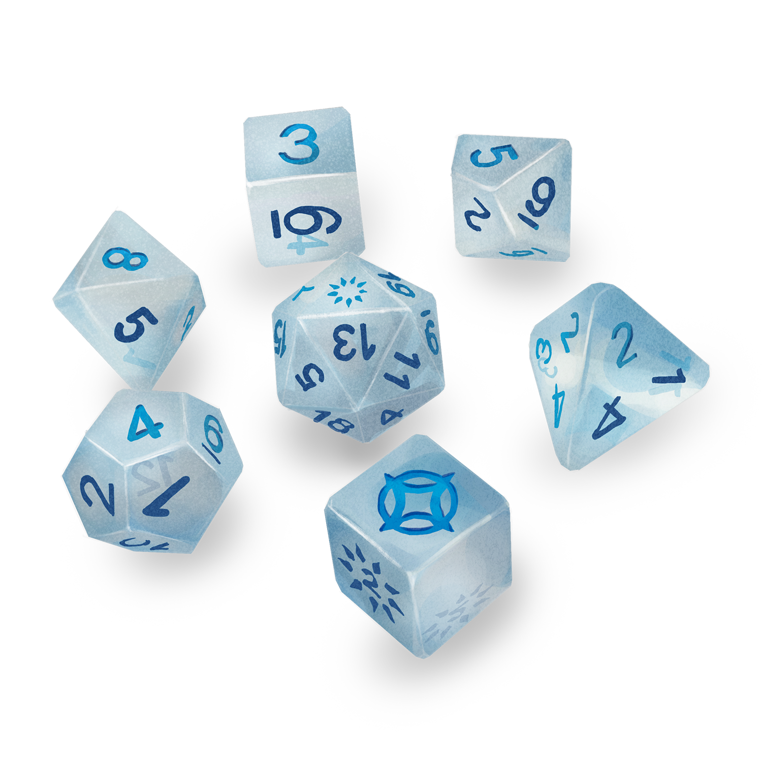 am illustration of a set light blue, transparent, dice.