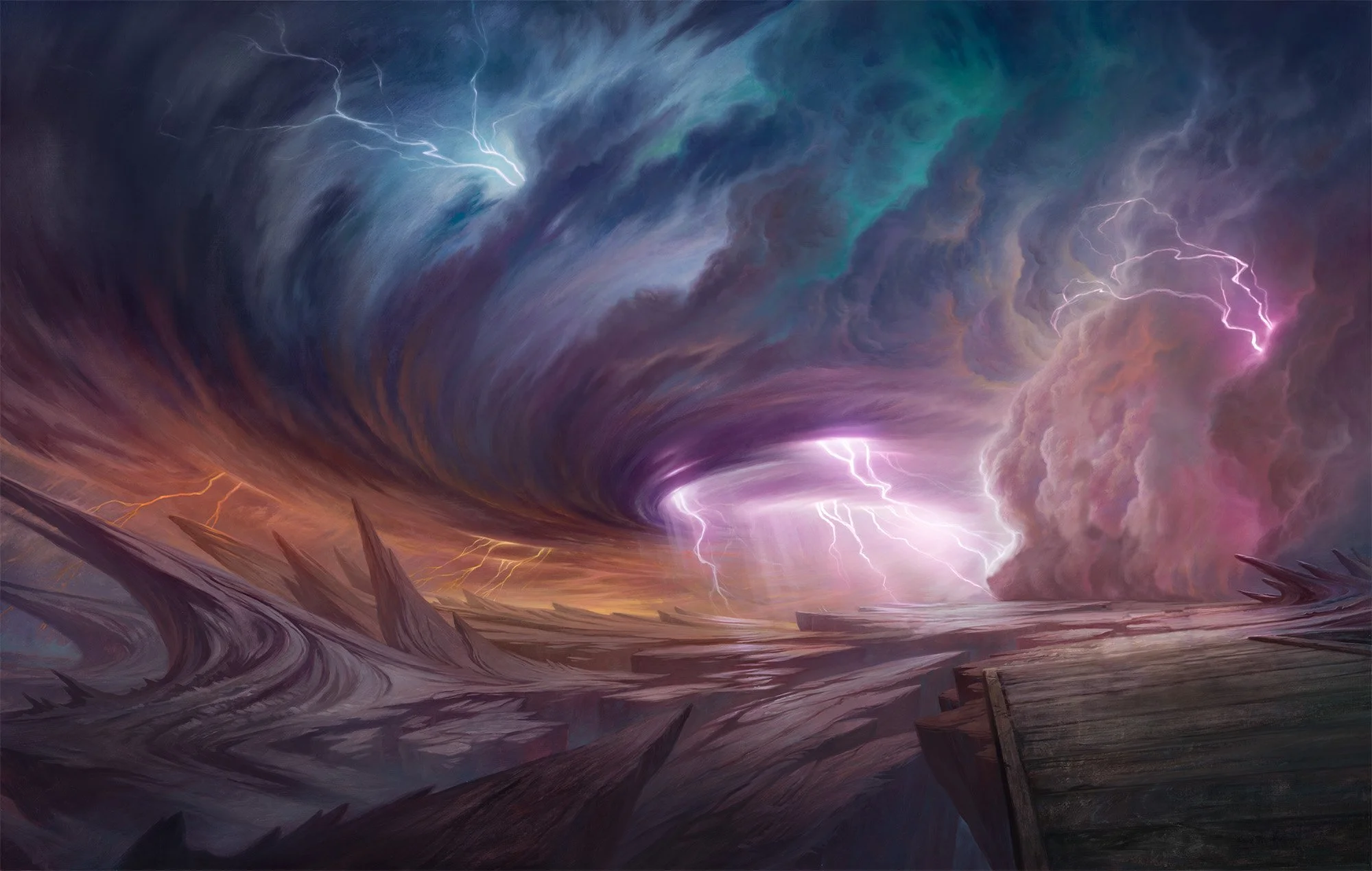 A colorful electrical storm rages over a rocky mountain range.