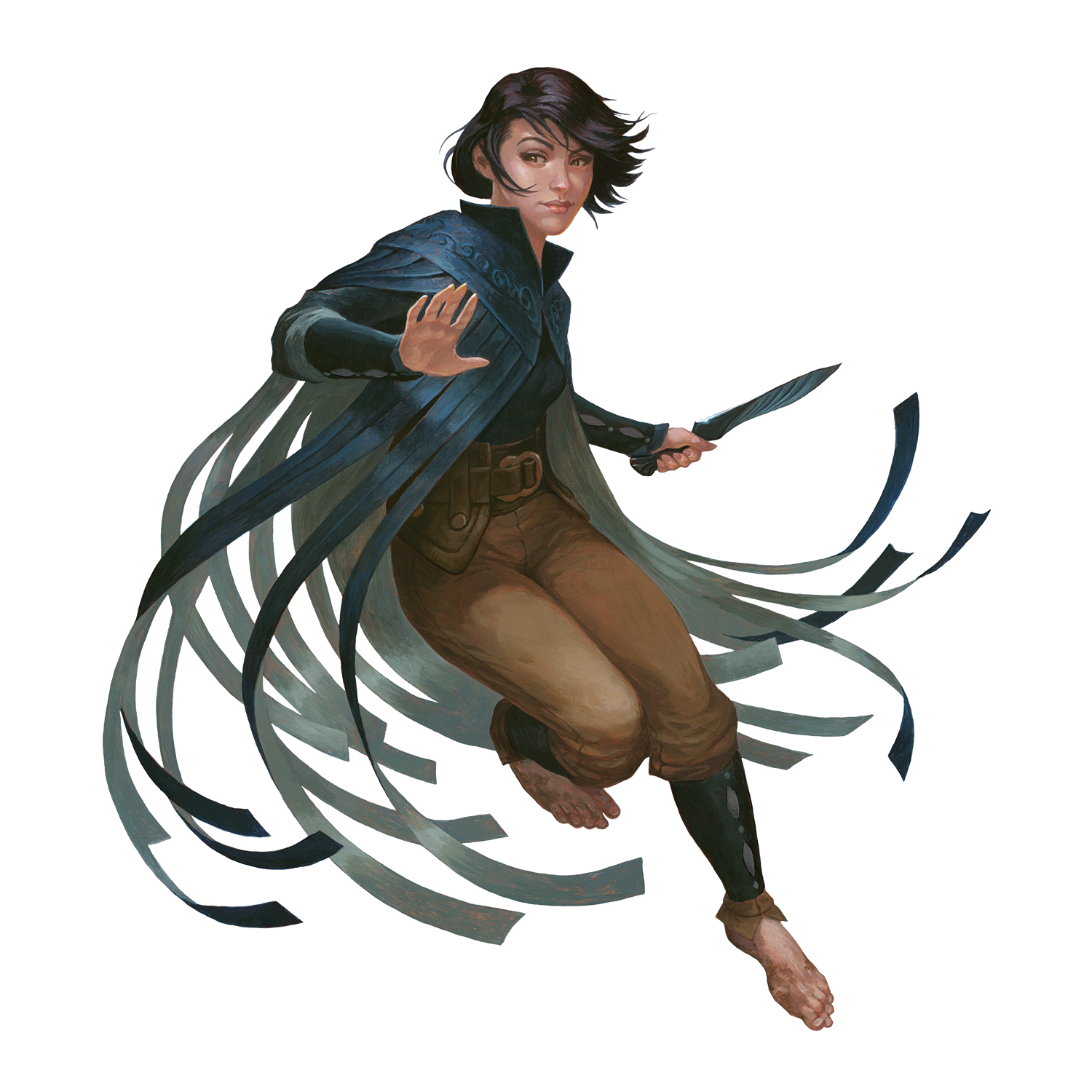 A woman dressed in a blue robe made up of multiple strips of fabric, stands at the ready with a dagger in her left hand.