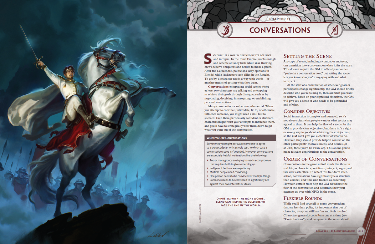 The introduction to the "Conversations" chapter in the Mistborn Handbook. The left page shows Elend astride a horse, delivering an inspiring speech. The right-hand page shoes the beginning of the chapter text (see below for a PDF excerpt).