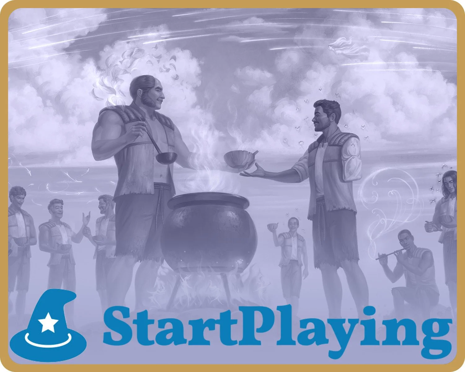 A purple toned illustration of A diverse group of humans gather around a steaming cauldron sitting over a campfire and cauldron full of food. Overlayed over the image is the Start Playing text logo