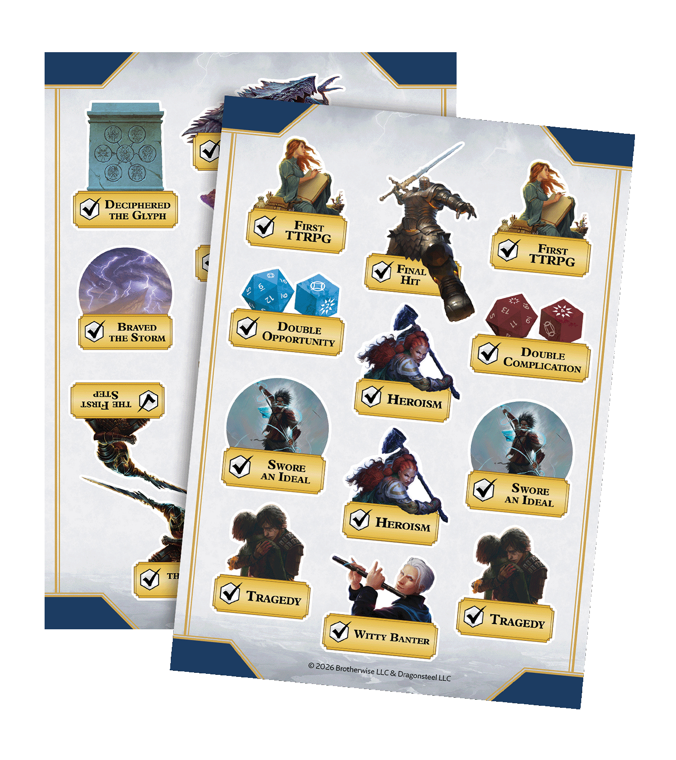 Two Cosmere Envoy sticker sheets with Cosmere art and actions including "First TTRPG","Final Hit", and "Witty Banter"