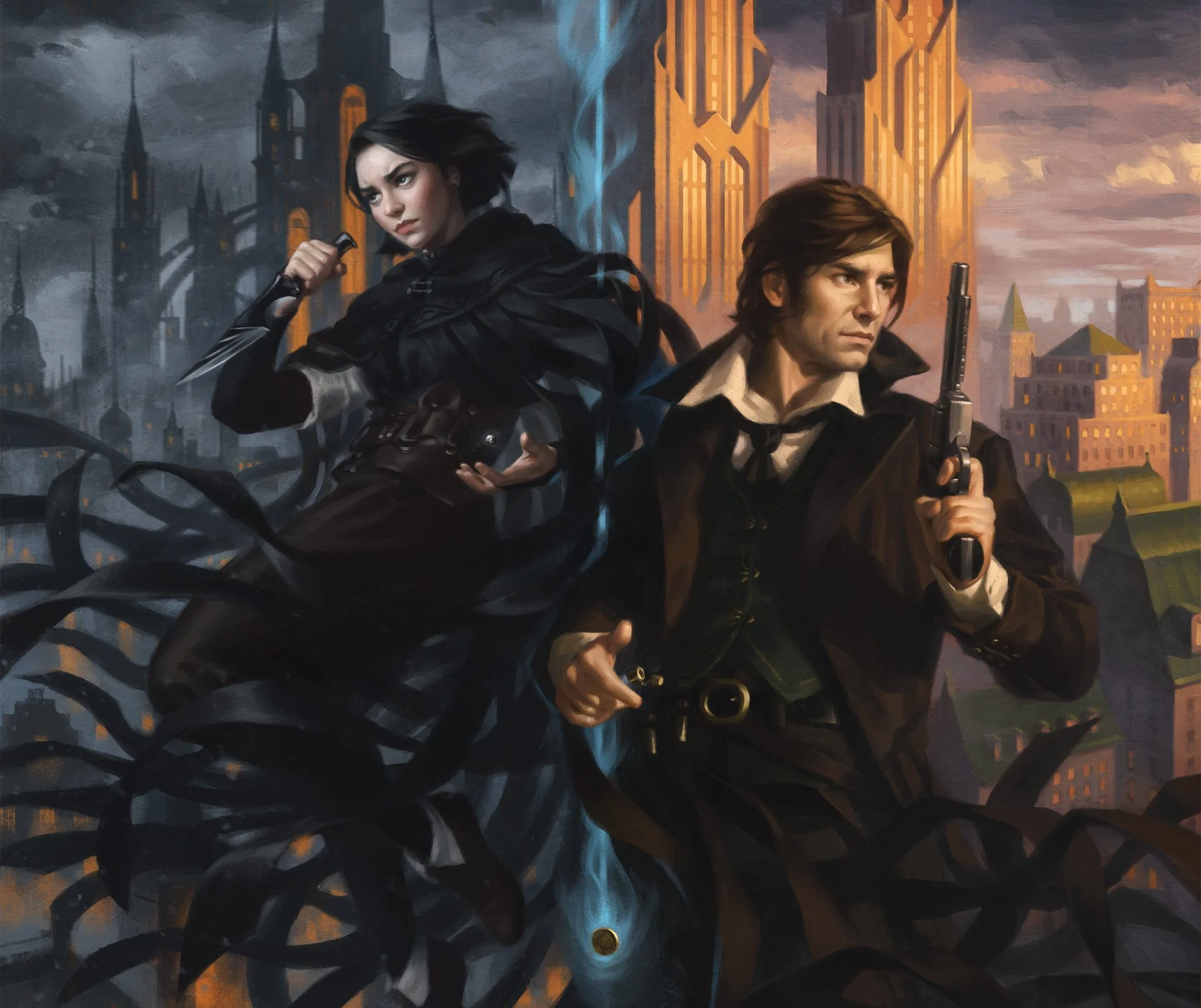 A combined image of a city at two times of day. The right side of the city is lit up in a warm golden hour, the left side of the city is dark and stormy. Overlayed over the city art is art of two human characters.